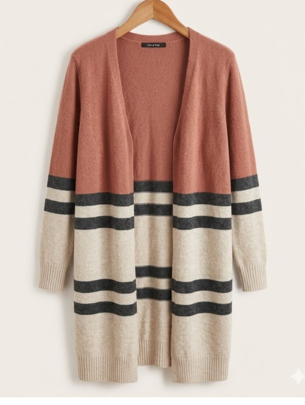 100% Angora Long Open-Front Rust, Cream, Grey Striped Cardigan - Collegiate